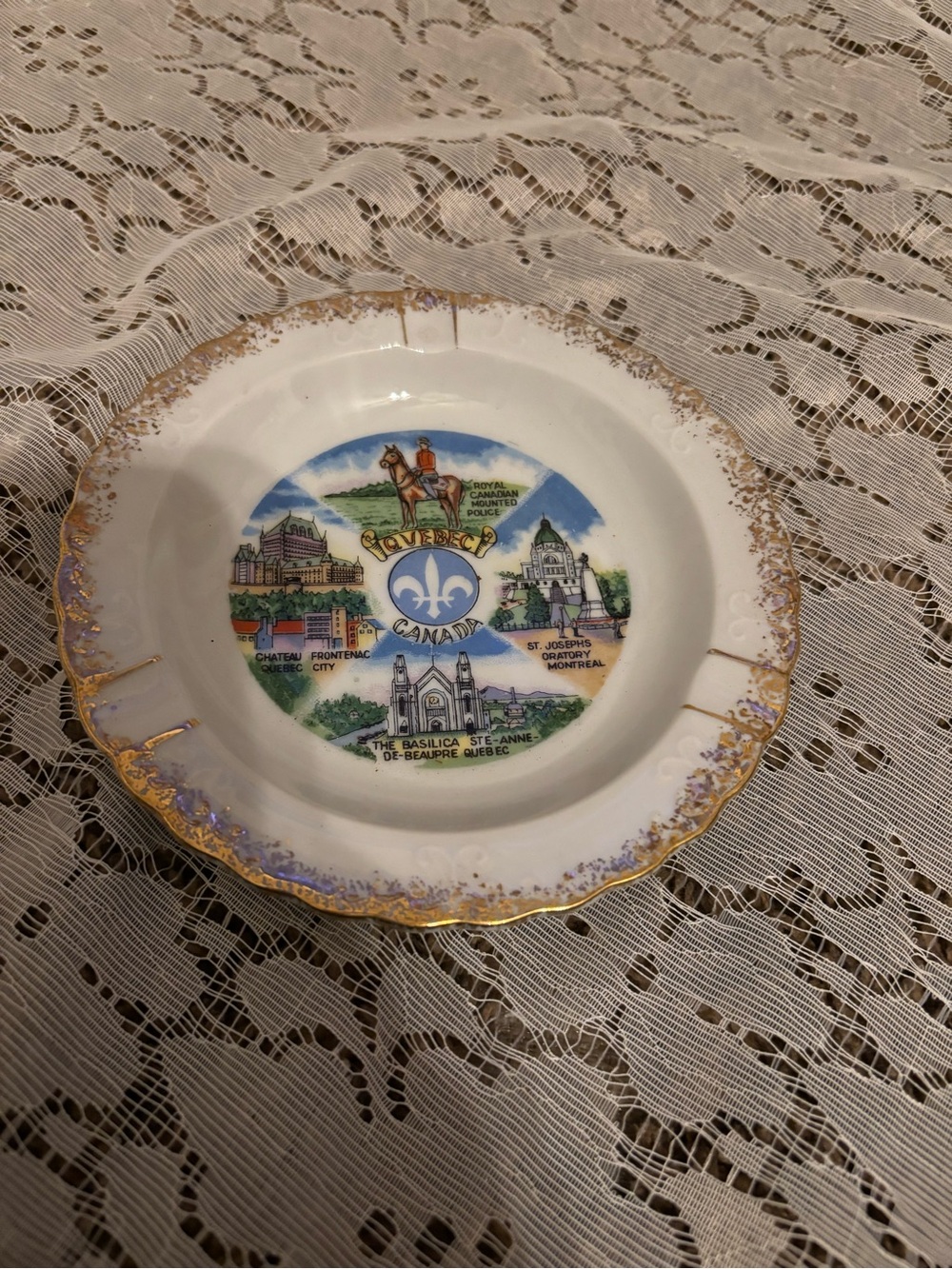Vintage Quebec Souvenir Decorative Porcelain Dish with Gold Trim